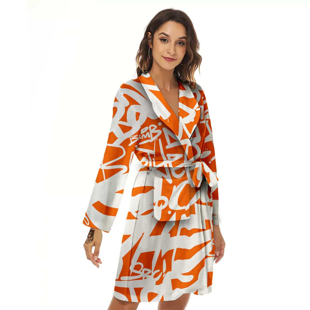 Orange Urban Graffiti Text Print Pattern Women's Robe-grizzshop