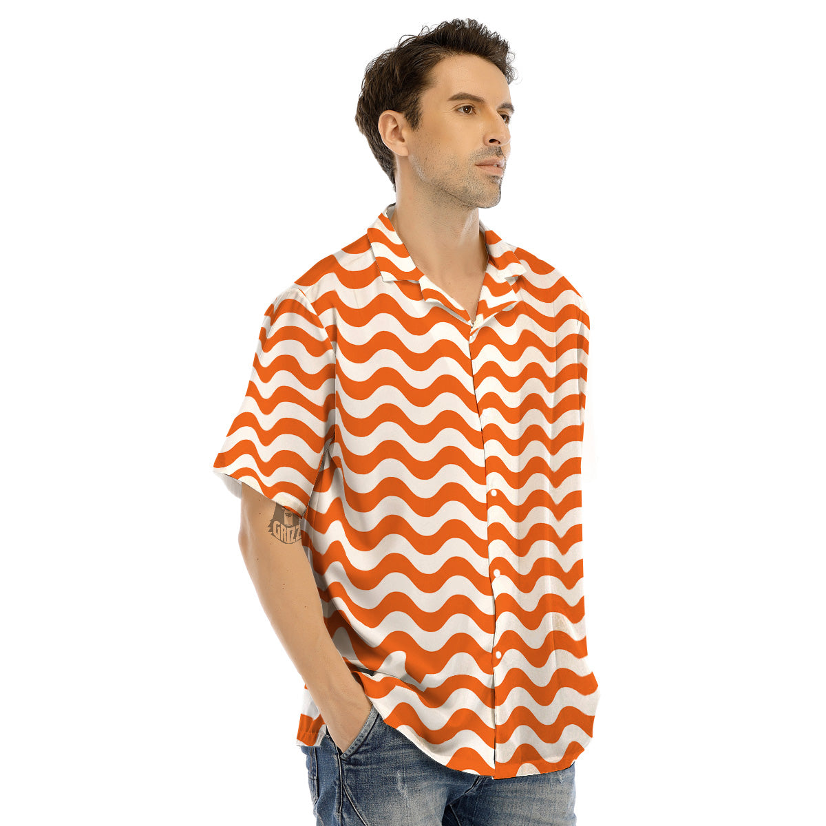 Orange Wave Striped Print Men’s Hawaiian Shirt-grizzshop