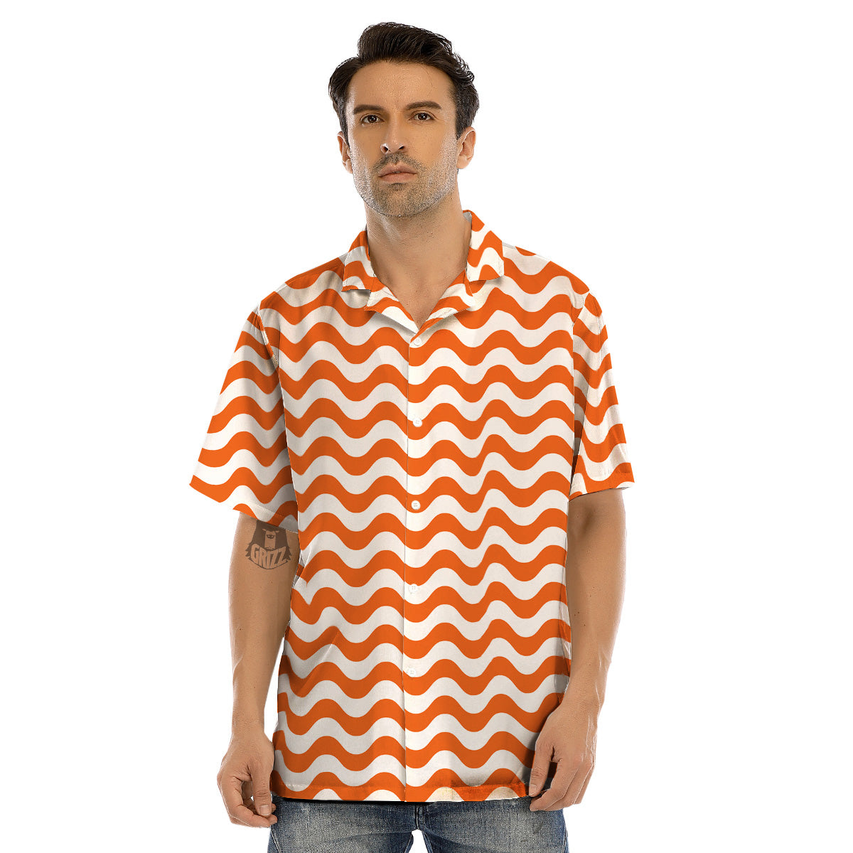 Orange Wave Striped Print Men’s Hawaiian Shirt-grizzshop