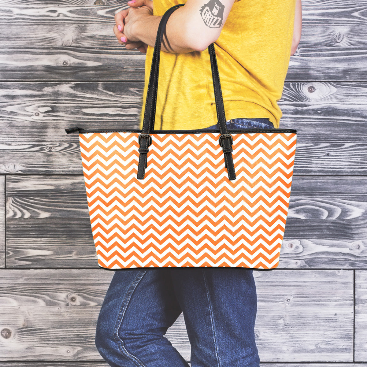Orange Zigzag Print Pattern Leather Tote Bag-grizzshop
