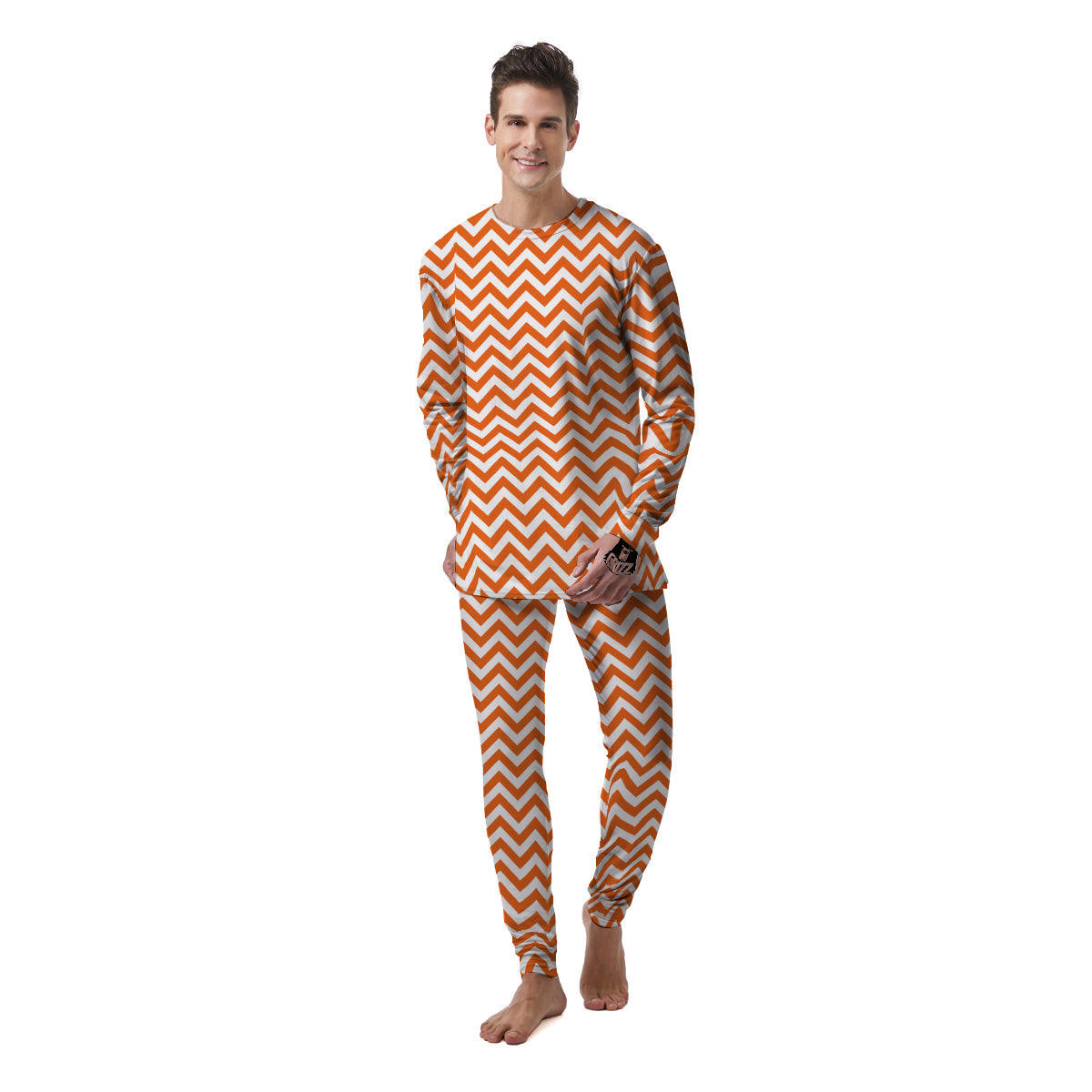 Orange Zigzag Print Pattern Men's Pajamas-grizzshop