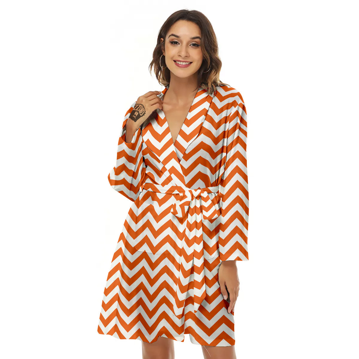 Orange Zigzag Print Pattern Women's Robe-grizzshop