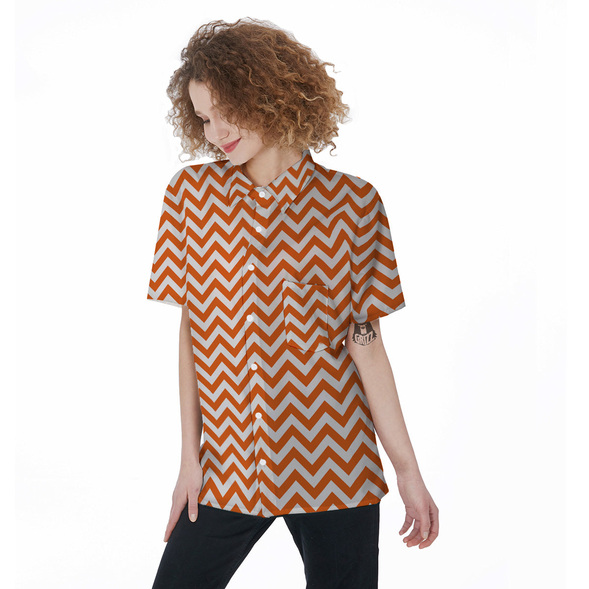 Orange Zigzag Print Pattern Women's Short Sleeve Shirts-grizzshop