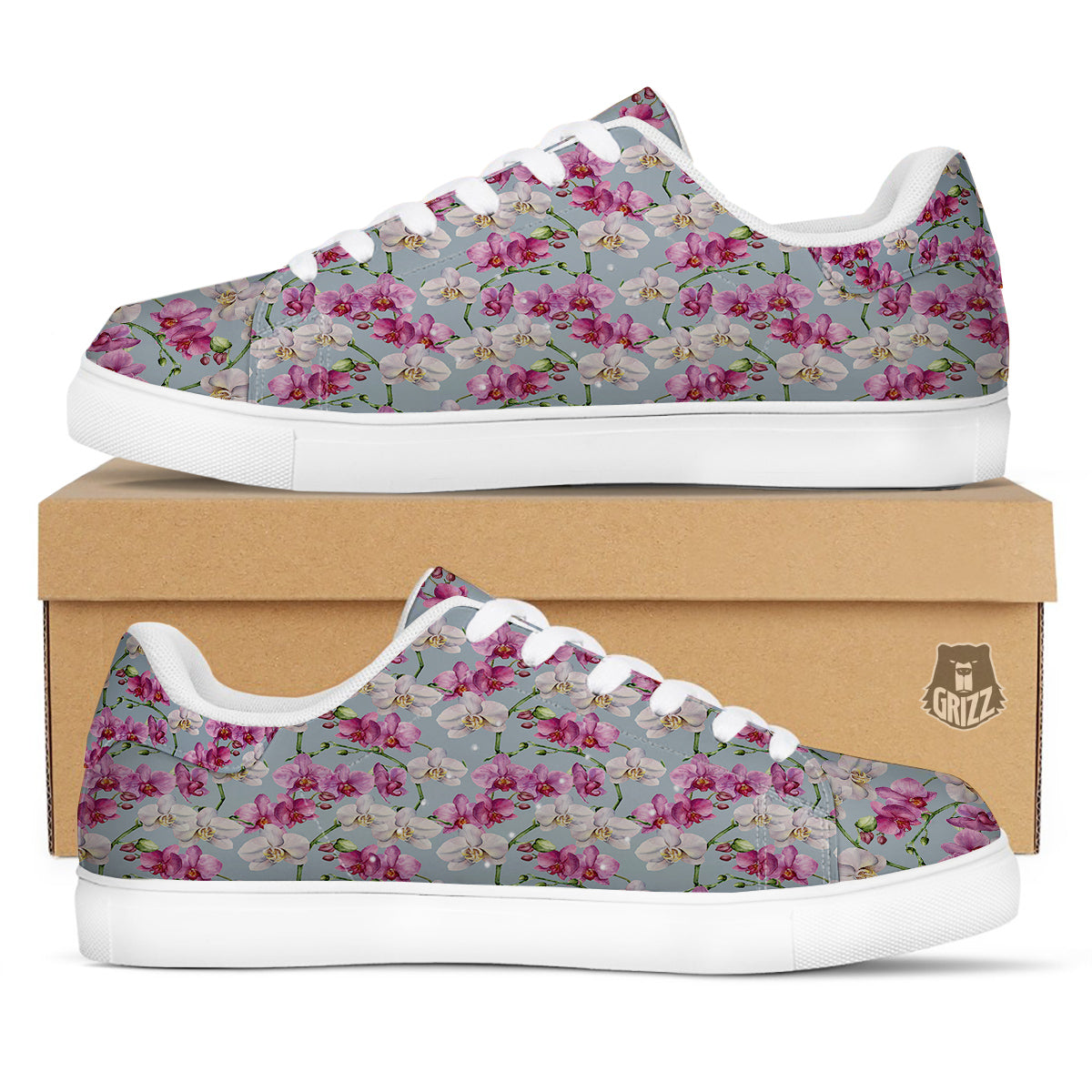 Orchid Cute Print White Low Top Sneakers-grizzshop