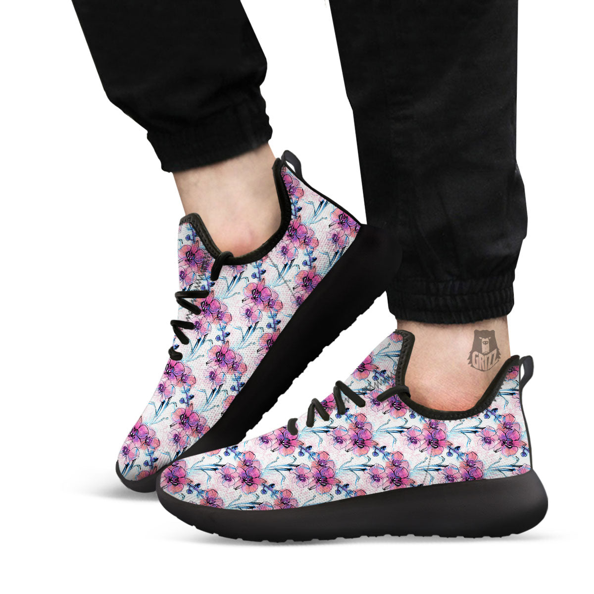 Orchid Drawing Print Pattern Black Athletic Shoes-grizzshop