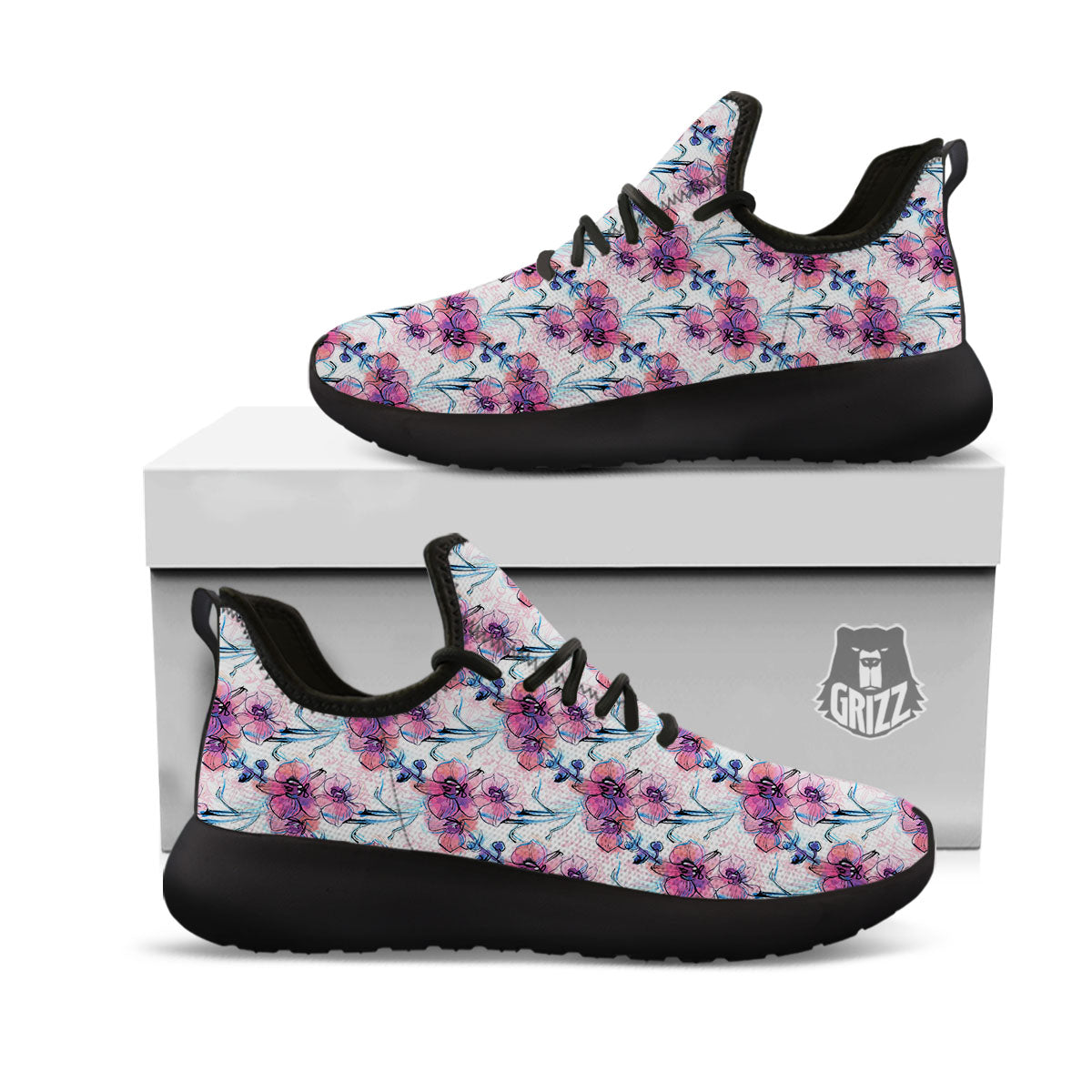 Orchid Drawing Print Pattern Black Athletic Shoes-grizzshop
