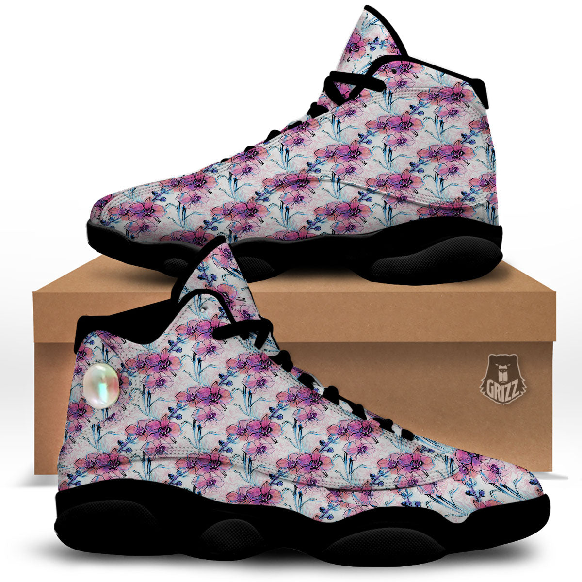 Orchid Drawing Print Pattern Black Basketball Shoes-grizzshop