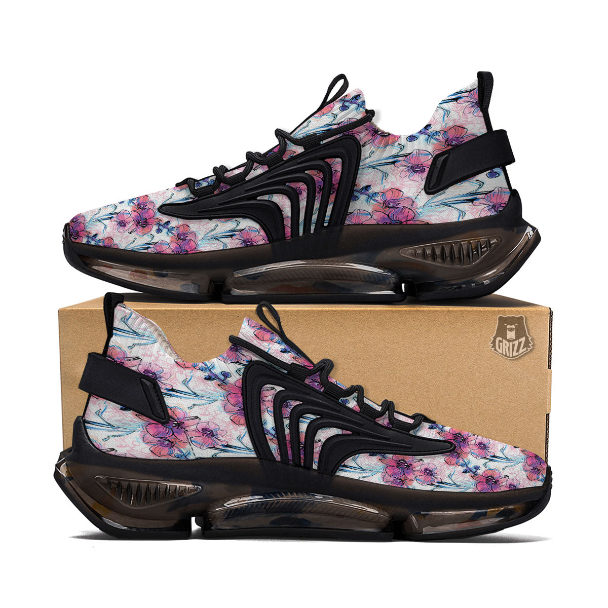 Orchid Drawing Print Pattern Black Gym Shoes-grizzshop