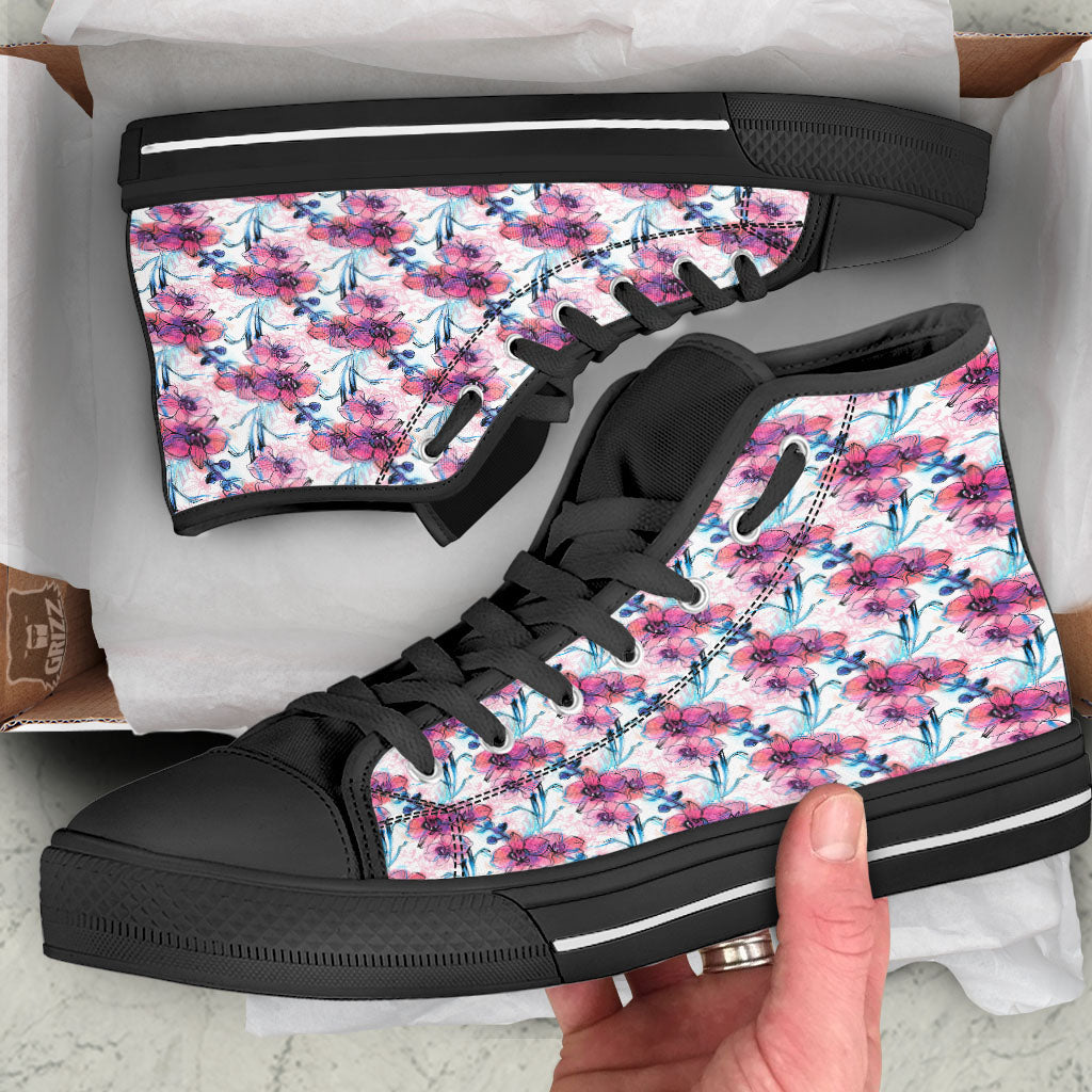 Orchid Drawing Print Pattern Black High Top Shoes-grizzshop