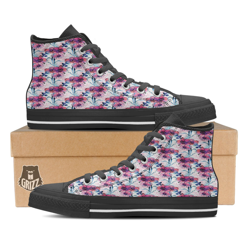 Orchid Drawing Print Pattern Black High Top Shoes-grizzshop
