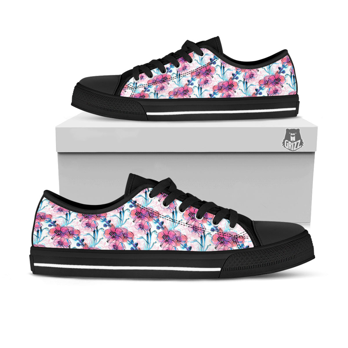 Orchid Drawing Print Pattern Black Low Top Shoes-grizzshop