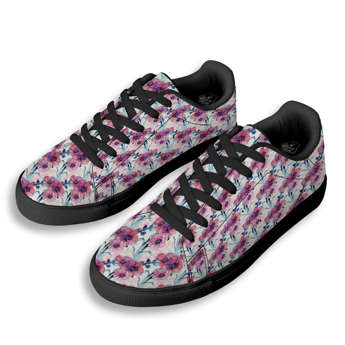 Orchid Drawing Print Pattern Black Low Top Sneakers-grizzshop