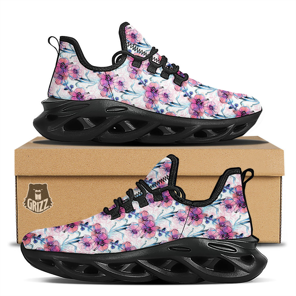 Orchid Drawing Print Pattern Black Running Shoes-grizzshop