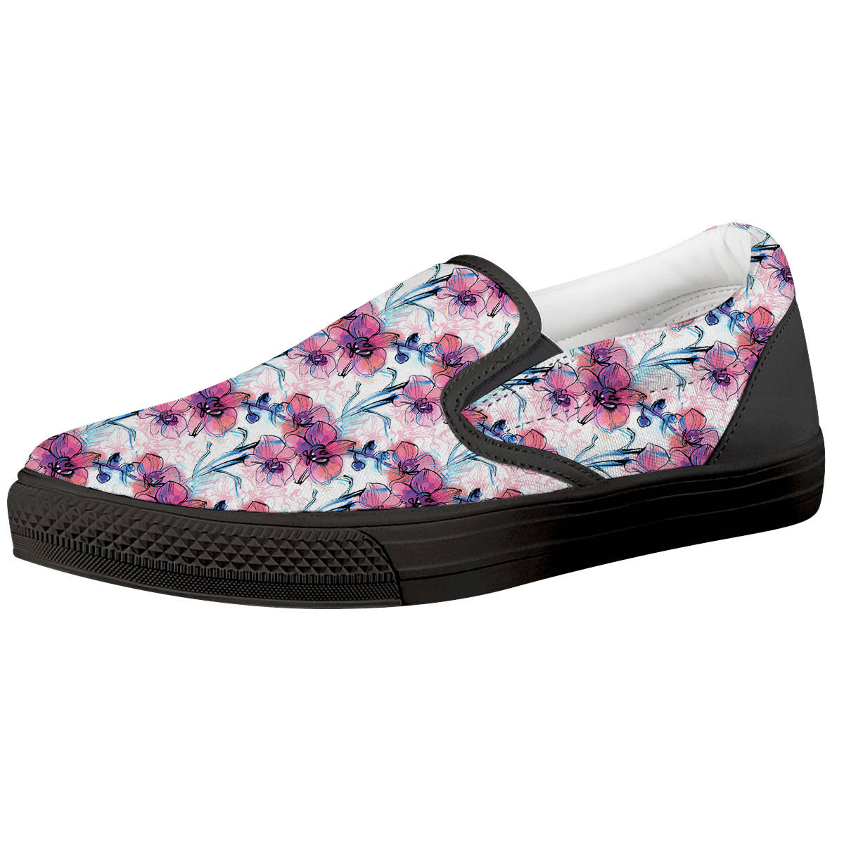 Orchid Drawing Print Pattern Black Slip On Shoes-grizzshop
