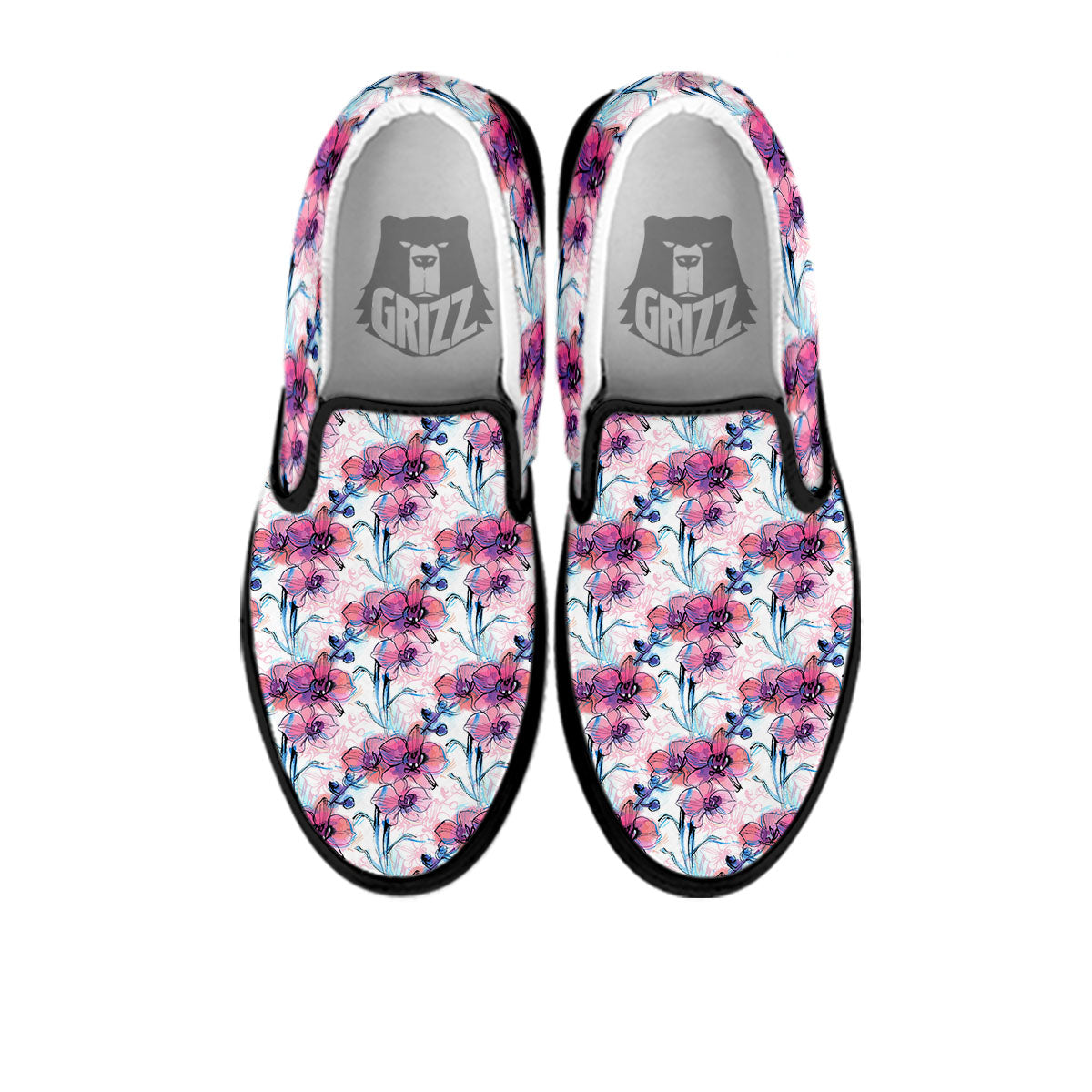 Orchid Drawing Print Pattern Black Slip On Shoes-grizzshop