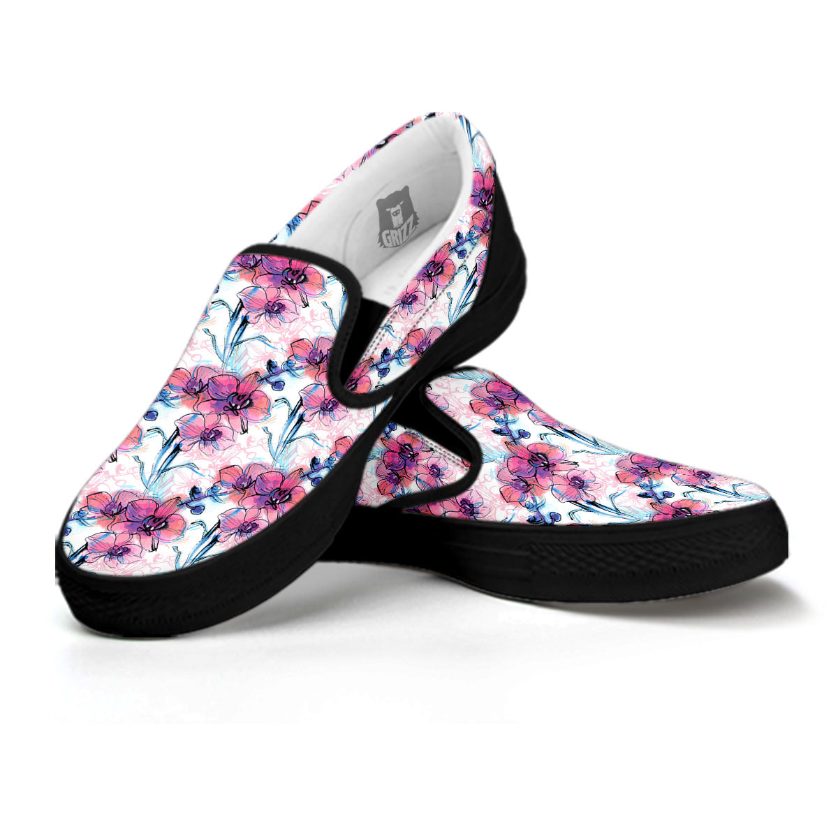 Orchid Drawing Print Pattern Black Slip On Shoes-grizzshop