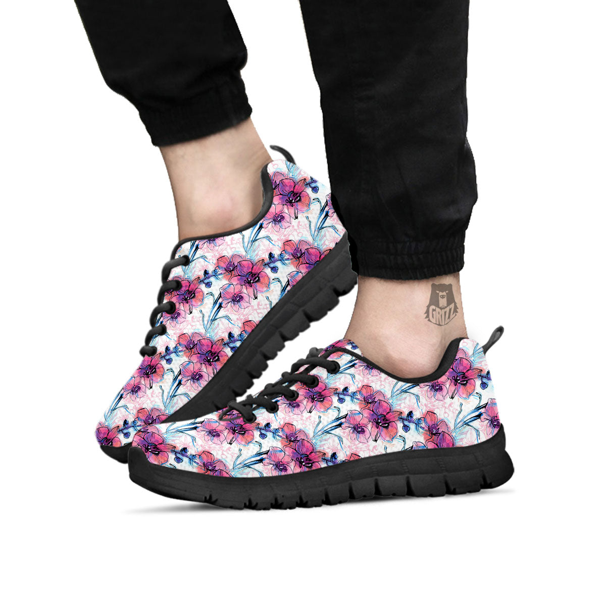 Orchid Drawing Print Pattern Black Sneaker-grizzshop