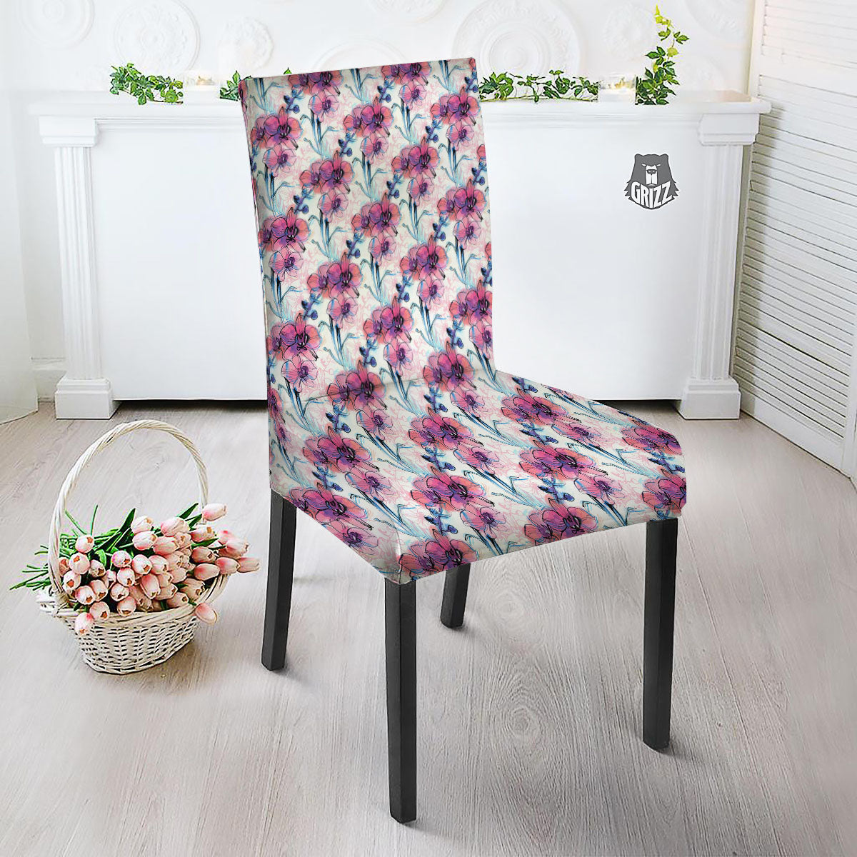 Orchid Drawing Print Pattern Dining Chair Slipcover-grizzshop