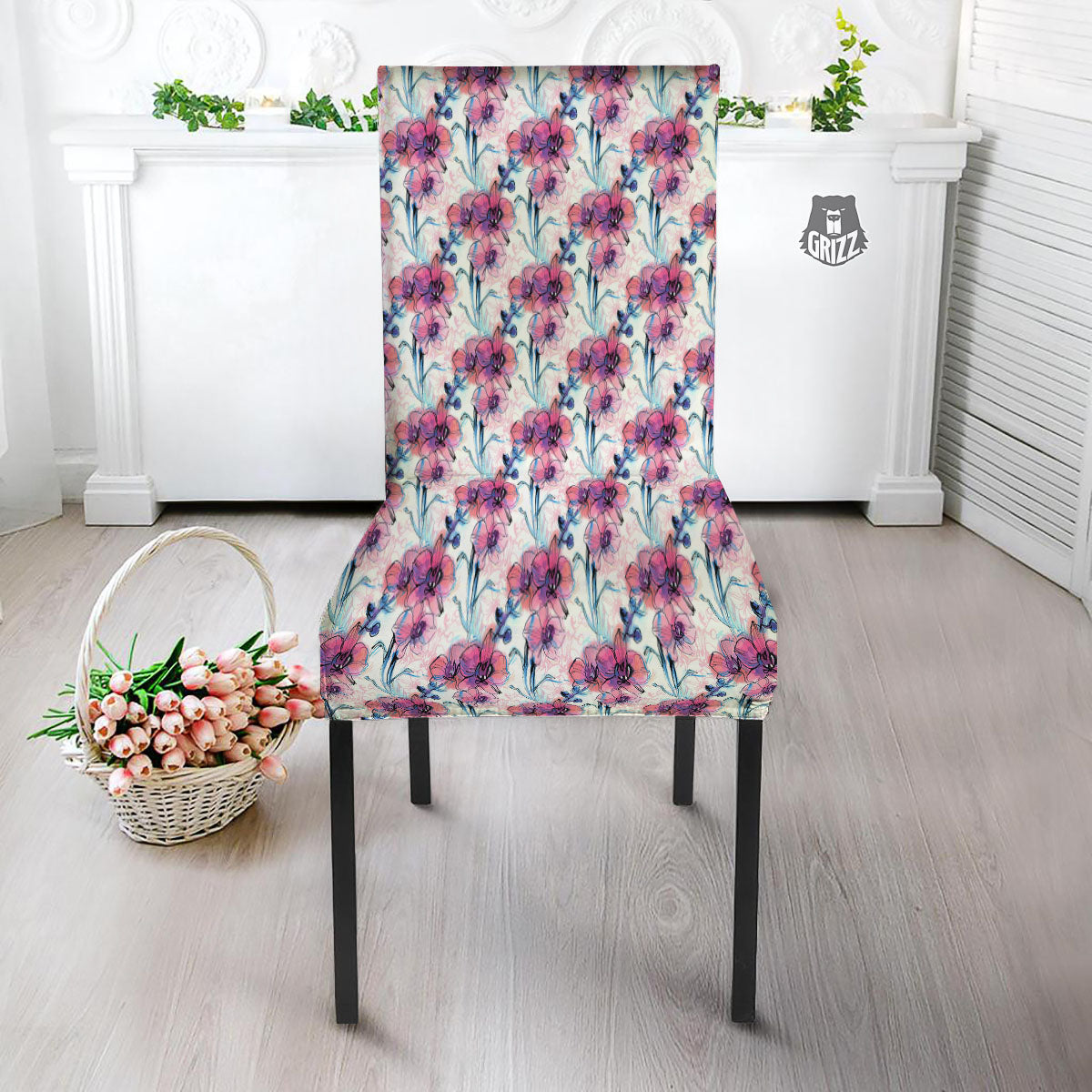 Orchid Drawing Print Pattern Dining Chair Slipcover-grizzshop