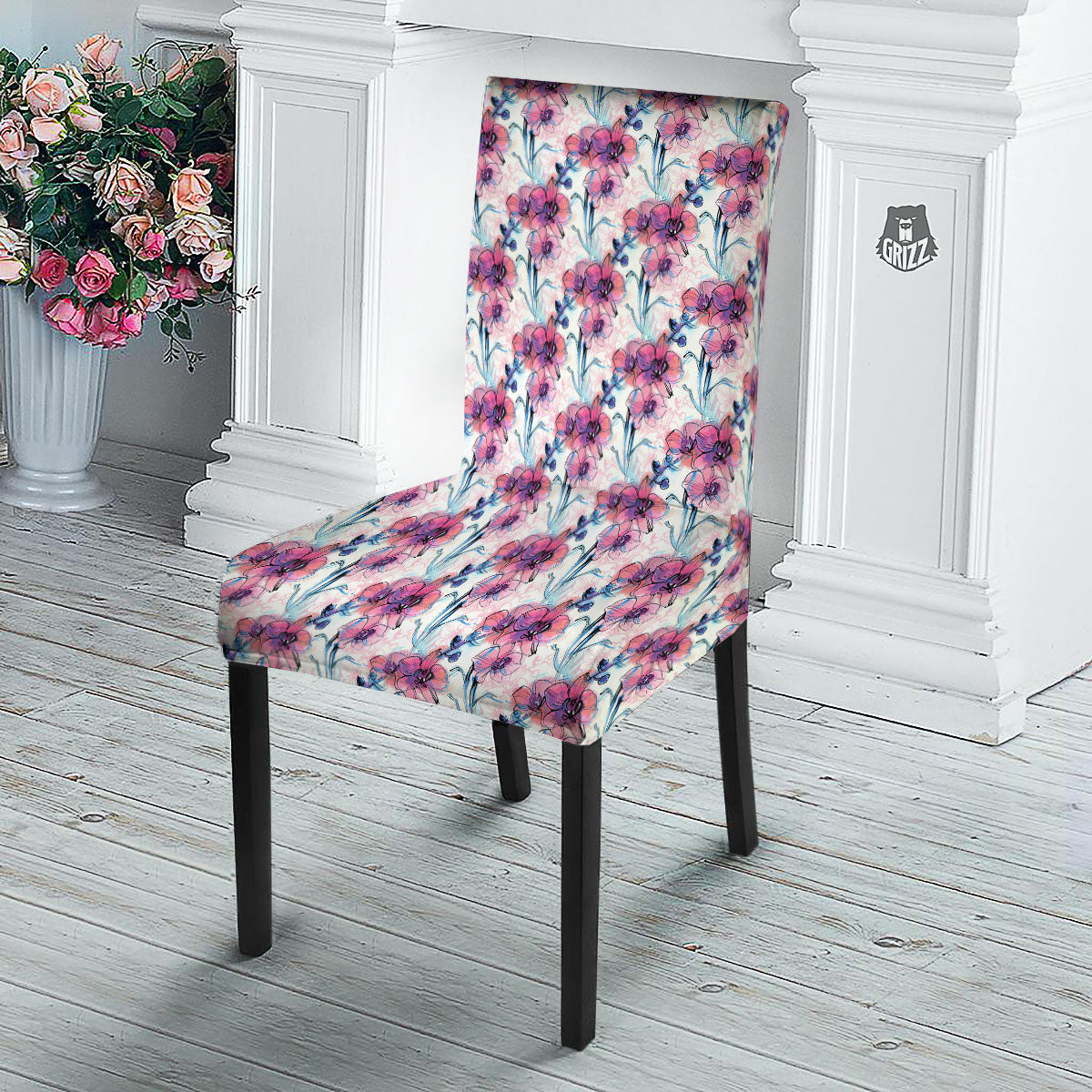 Orchid Drawing Print Pattern Dining Chair Slipcover-grizzshop