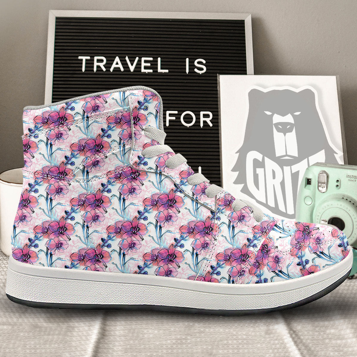 Orchid Drawing Print Pattern High Top Sneakers-grizzshop