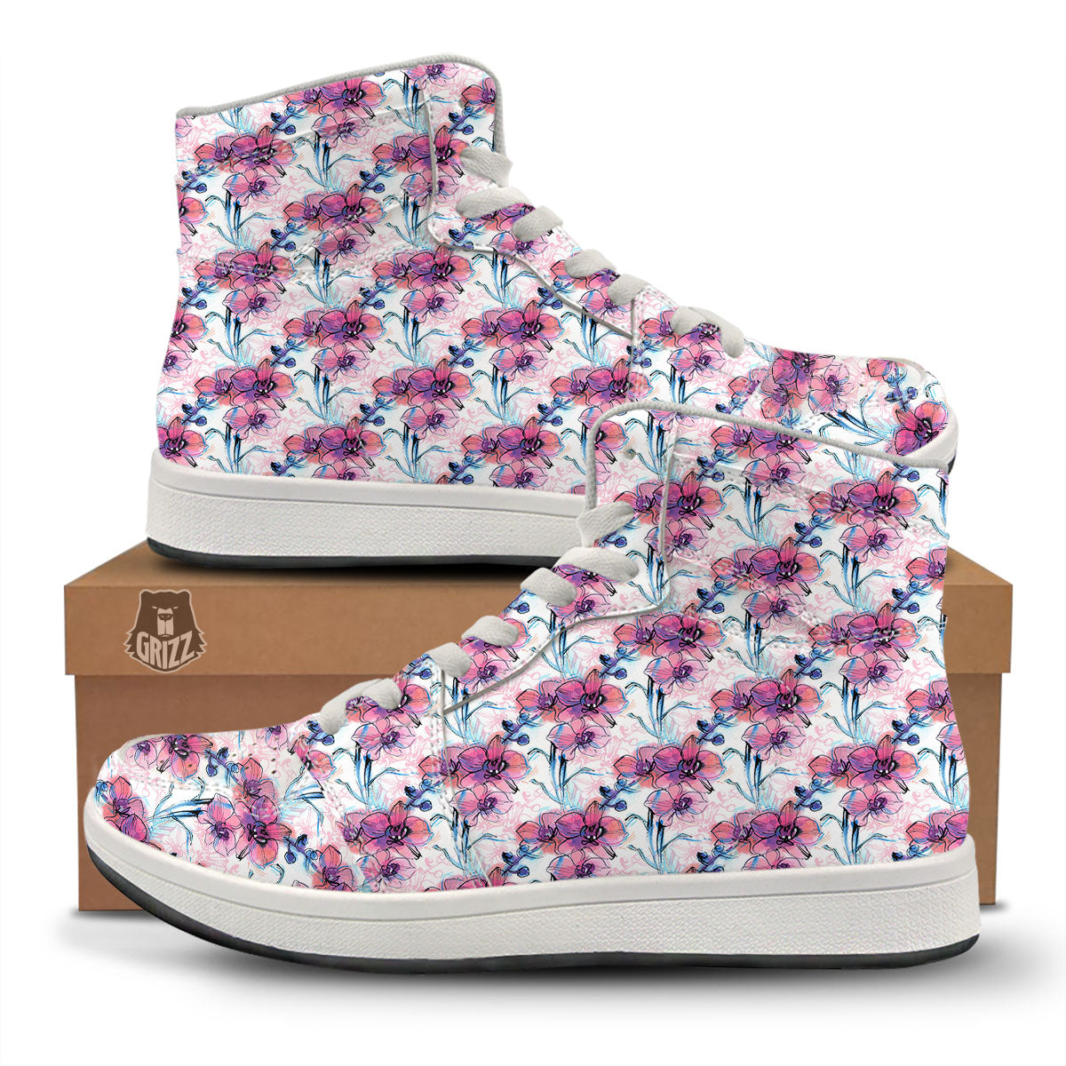 Orchid Drawing Print Pattern High Top Sneakers-grizzshop