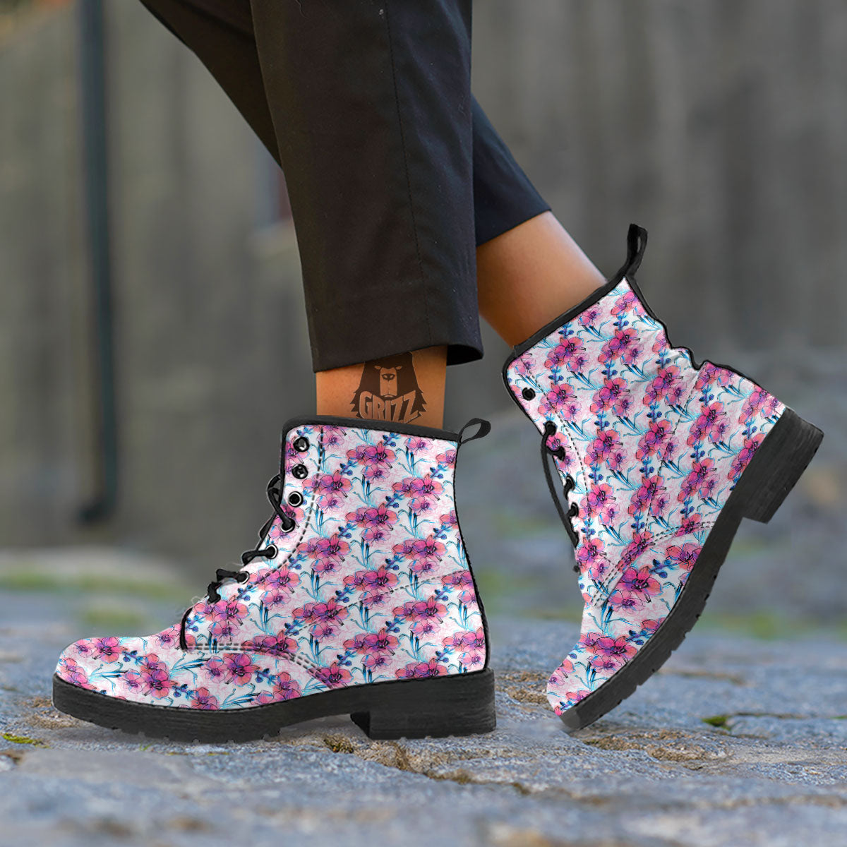 Orchid Drawing Print Pattern Leather Boots-grizzshop