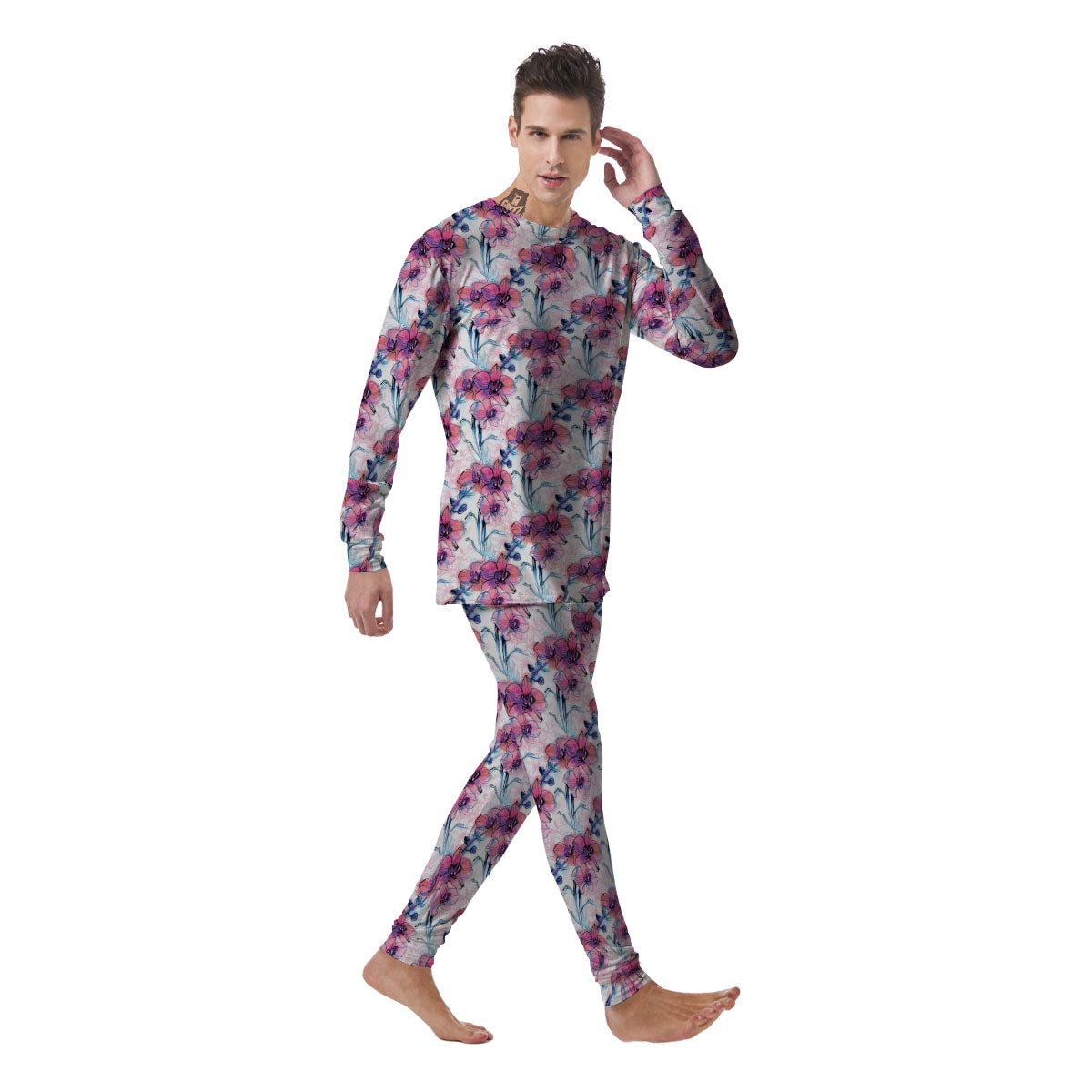 Orchid Drawing Print Pattern Men's Pajamas-grizzshop