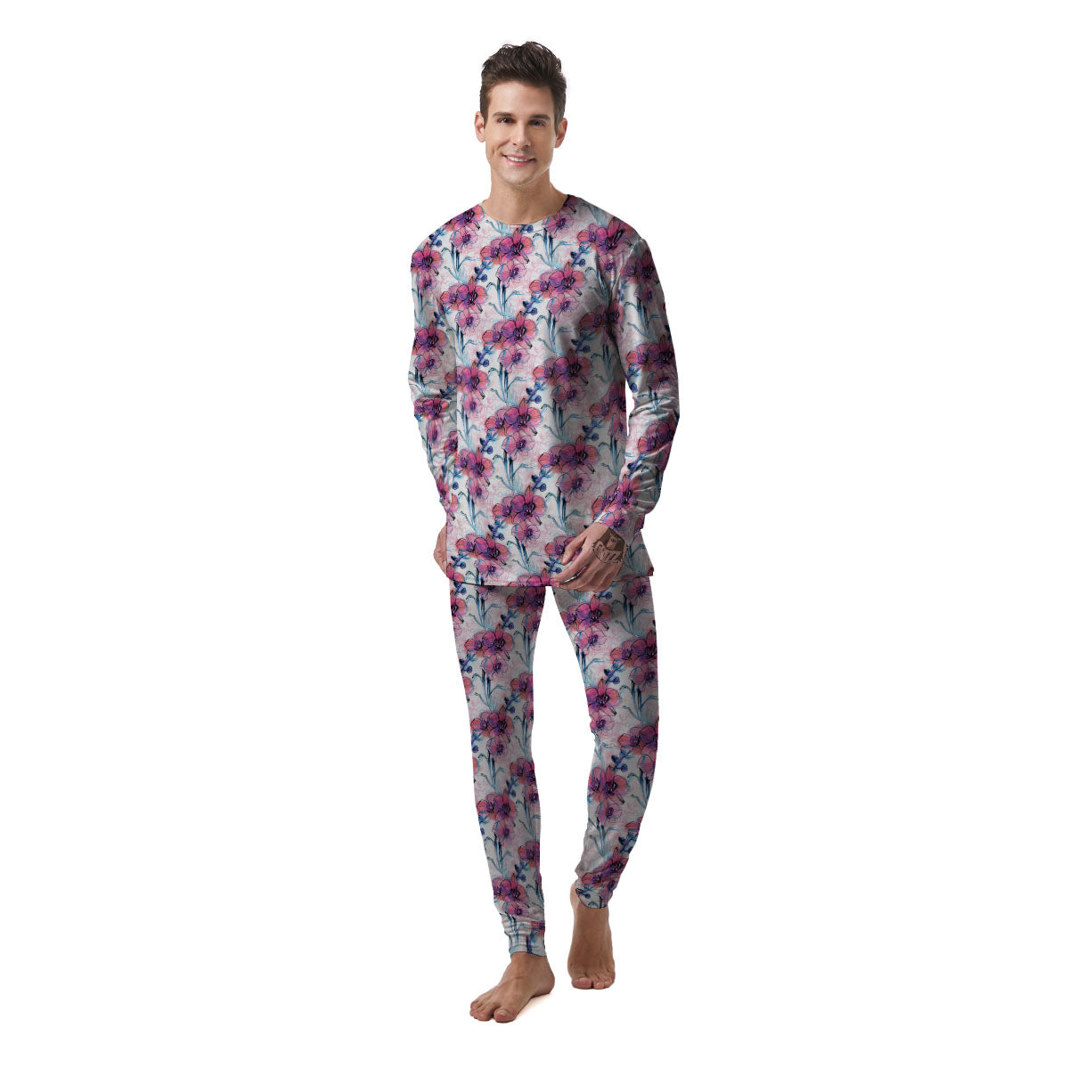 Orchid Drawing Print Pattern Men's Pajamas-grizzshop