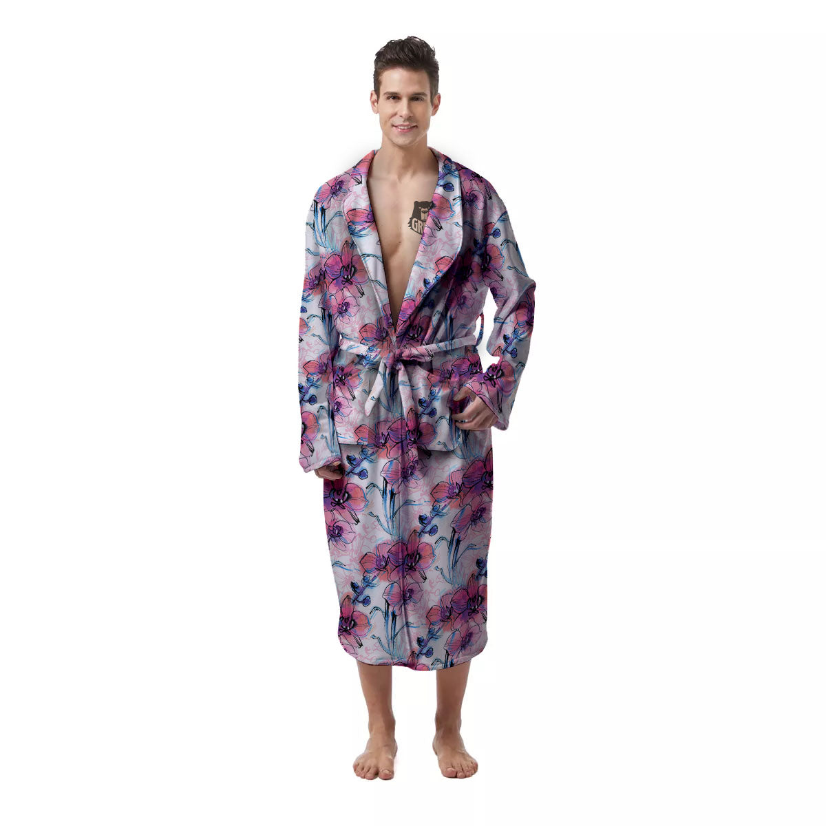 Orchid Drawing Print Pattern Men's Robe-grizzshop