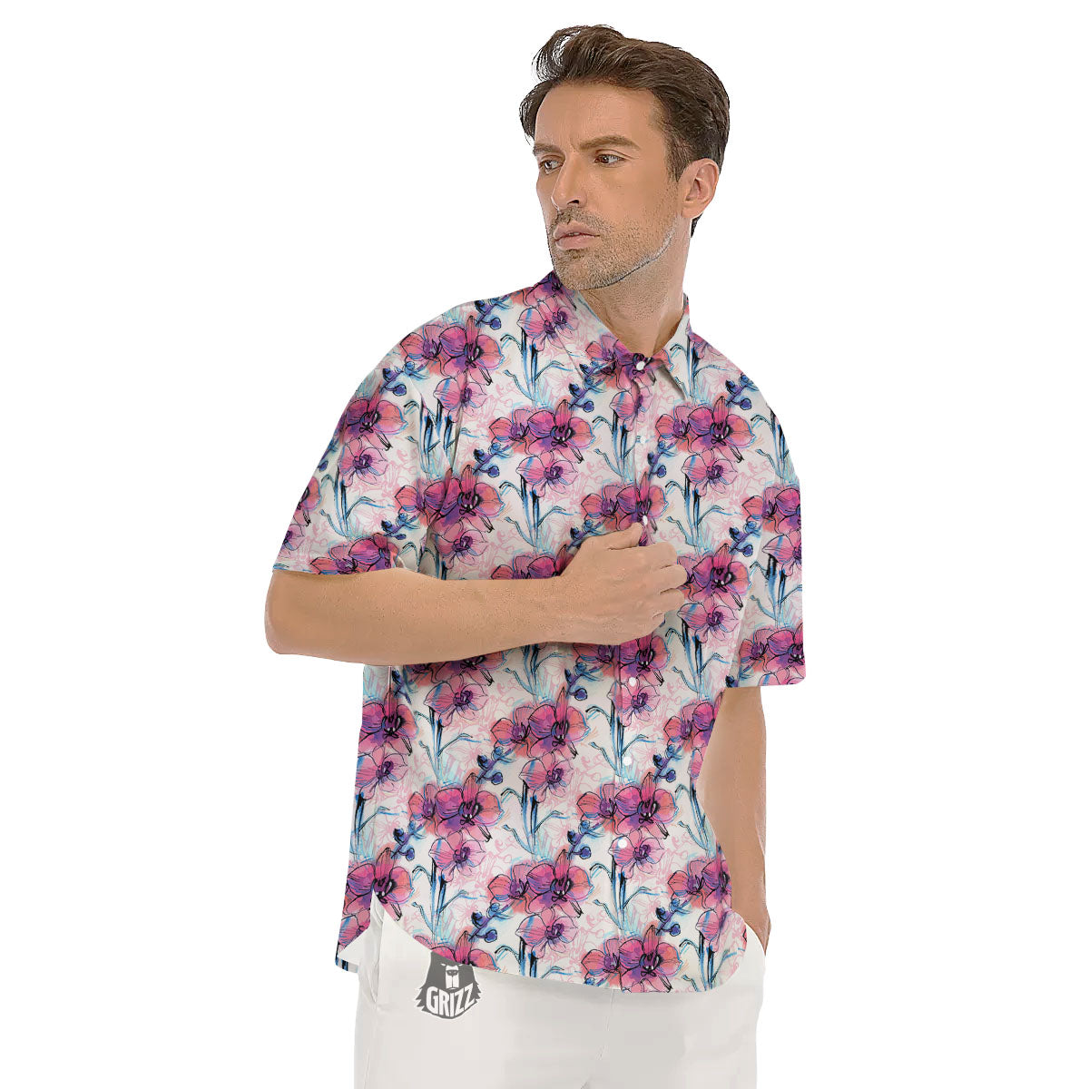 Orchid Drawing Print Pattern Men's Short Sleeve Shirts-grizzshop