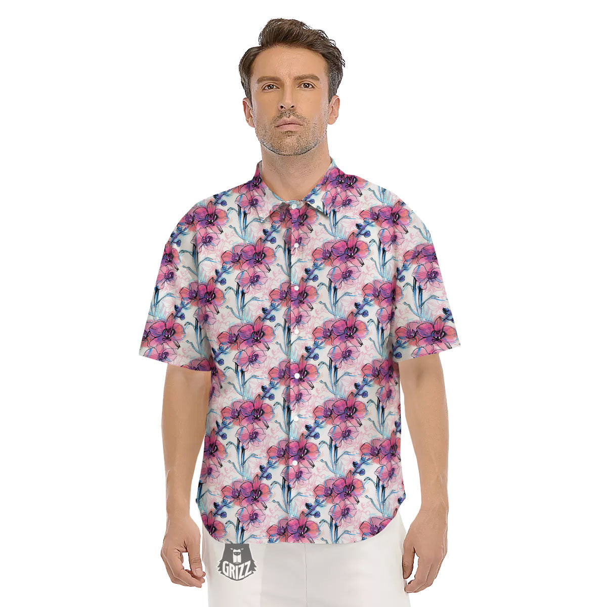 Orchid Drawing Print Pattern Men's Short Sleeve Shirts-grizzshop