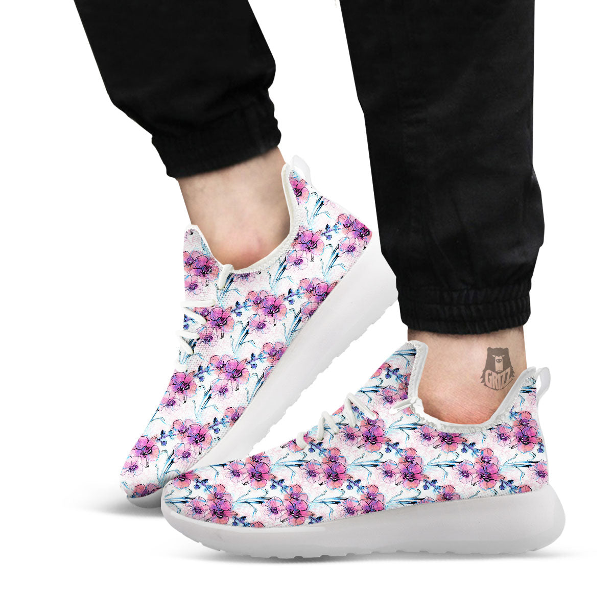 Orchid Drawing Print Pattern White Athletic Shoes-grizzshop
