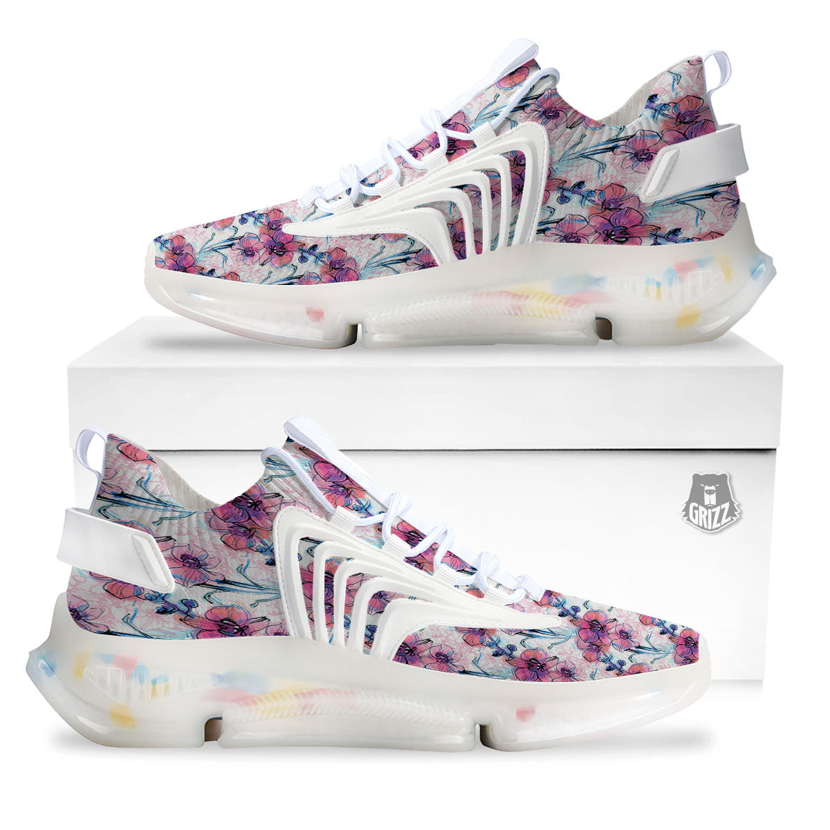 Orchid Drawing Print Pattern White Gym Shoes-grizzshop