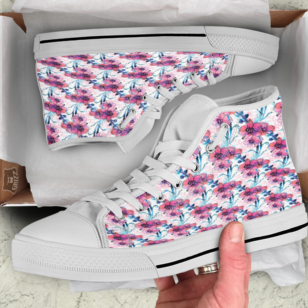 Orchid Drawing Print Pattern White High Top Shoes-grizzshop