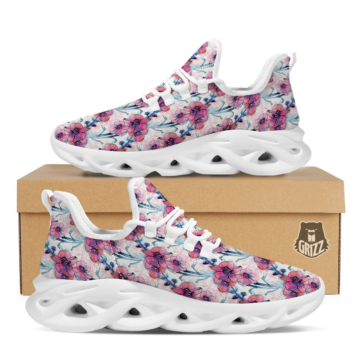 Orchid Drawing Print Pattern White Running Shoes-grizzshop