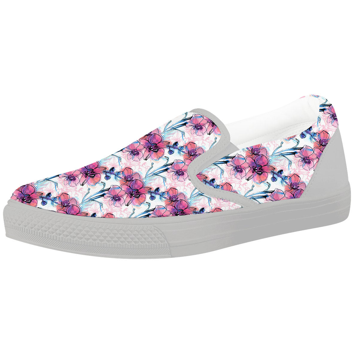 Orchid Drawing Print Pattern White Slip On Shoes-grizzshop