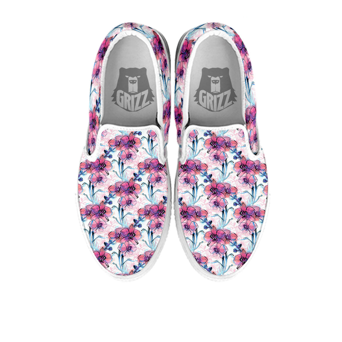 Orchid Drawing Print Pattern White Slip On Shoes-grizzshop