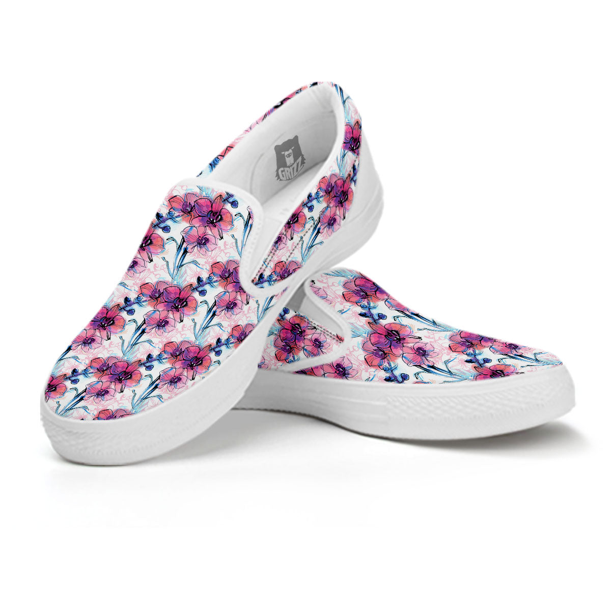 Orchid Drawing Print Pattern White Slip On Shoes-grizzshop