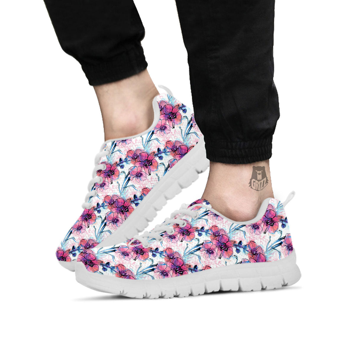 Orchid Drawing Print Pattern White Sneaker-grizzshop