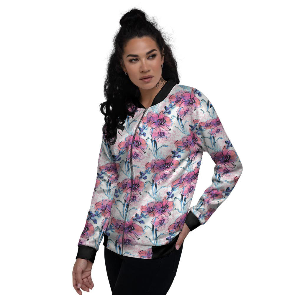 Orchid Drawing Print Pattern Women's Bomber Jacket-grizzshop