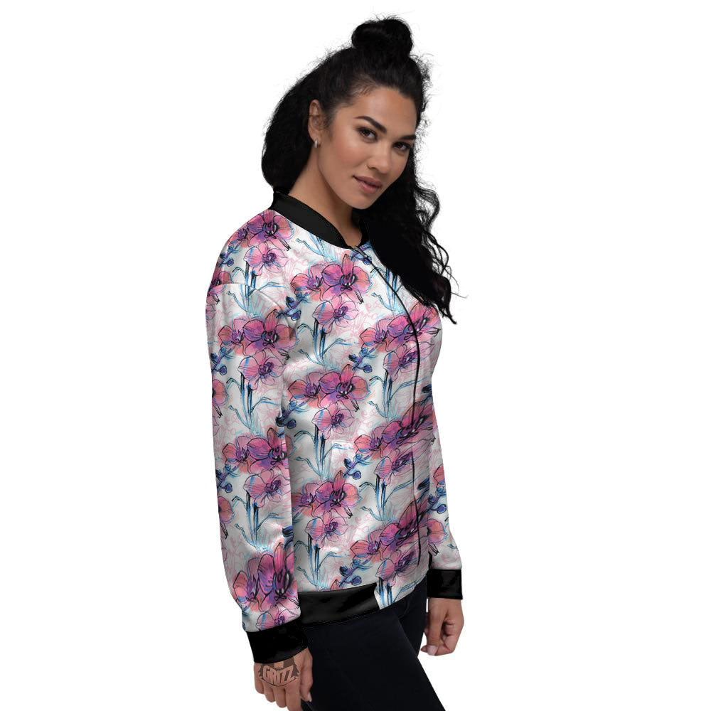 Orchid Drawing Print Pattern Women's Bomber Jacket-grizzshop