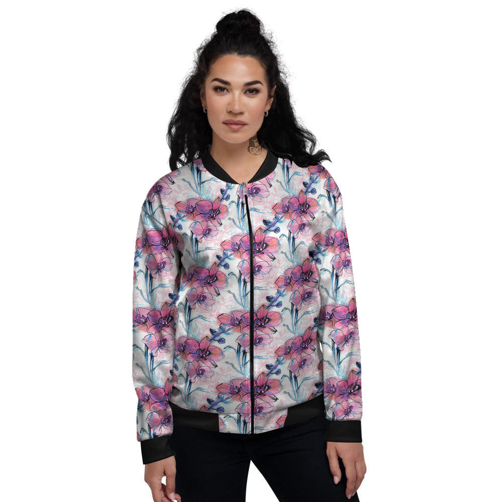 Orchid Drawing Print Pattern Women's Bomber Jacket-grizzshop