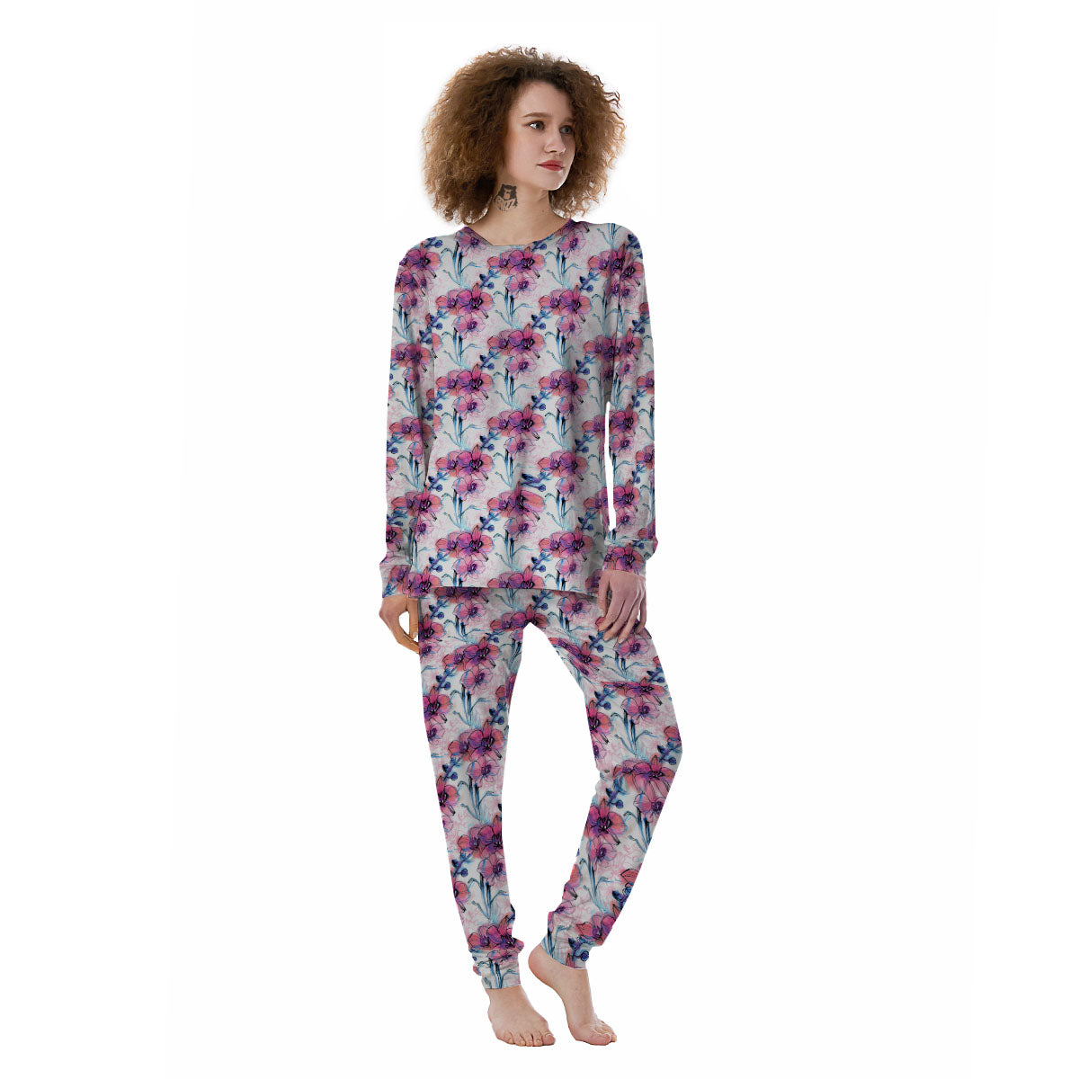 Orchid Drawing Print Pattern Women's Pajamas-grizzshop