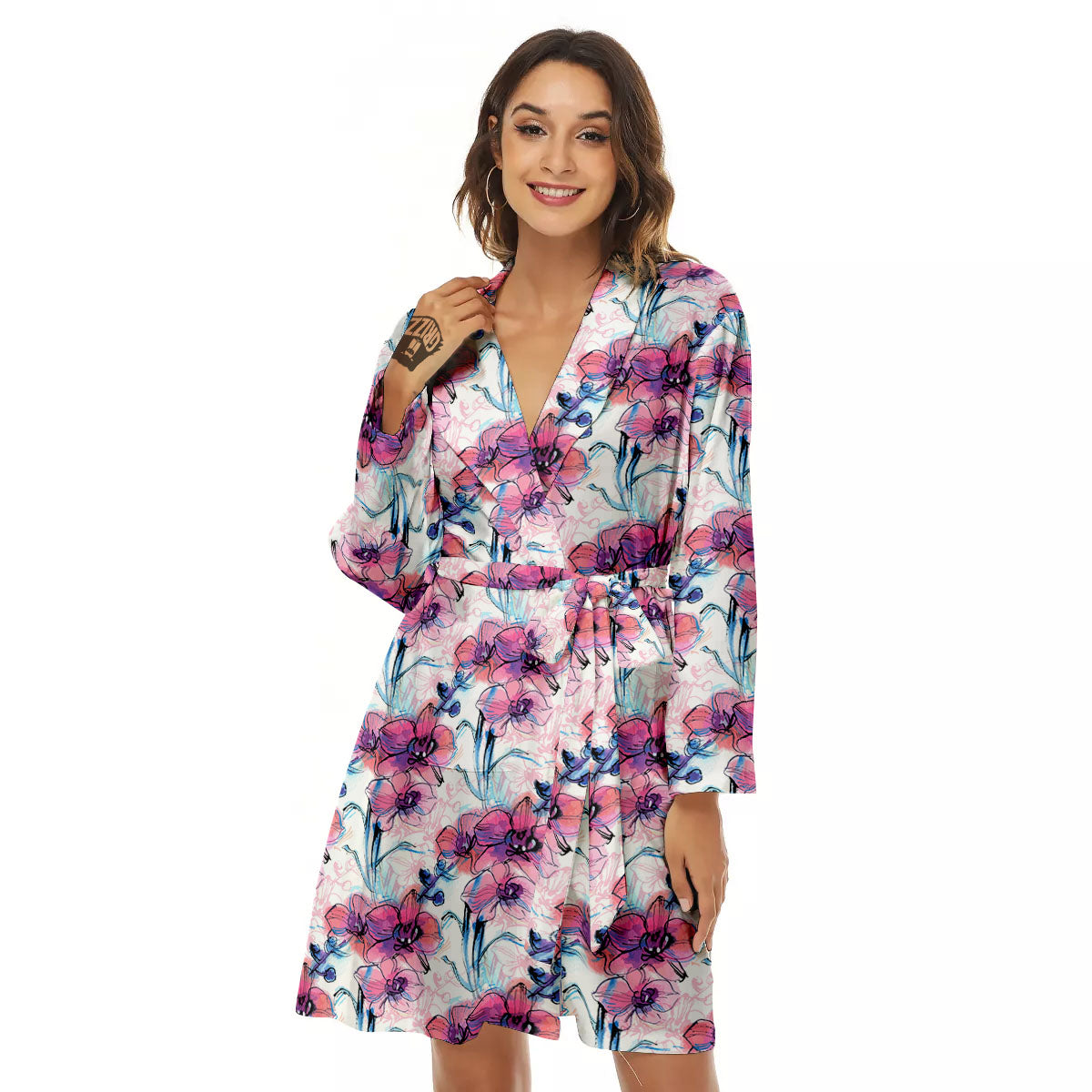 Orchid Drawing Print Pattern Women's Robe-grizzshop