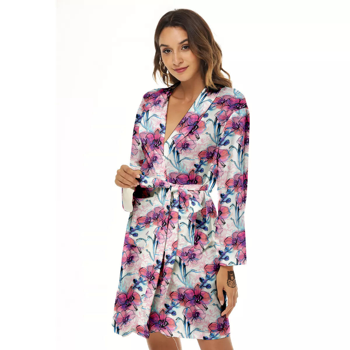 Orchid Drawing Print Pattern Women's Robe-grizzshop