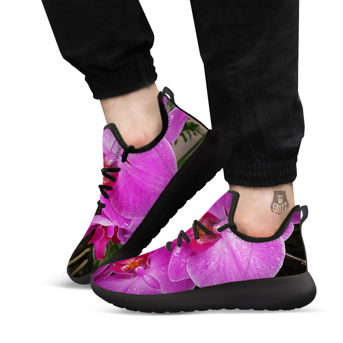 Orchid Flower Magenta Print Black Athletic Shoes-grizzshop