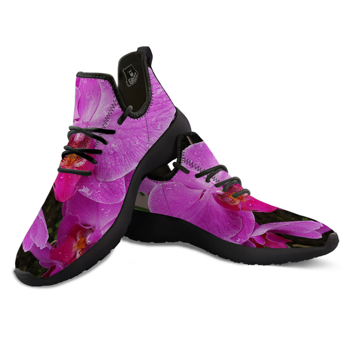 Orchid Flower Magenta Print Black Athletic Shoes-grizzshop
