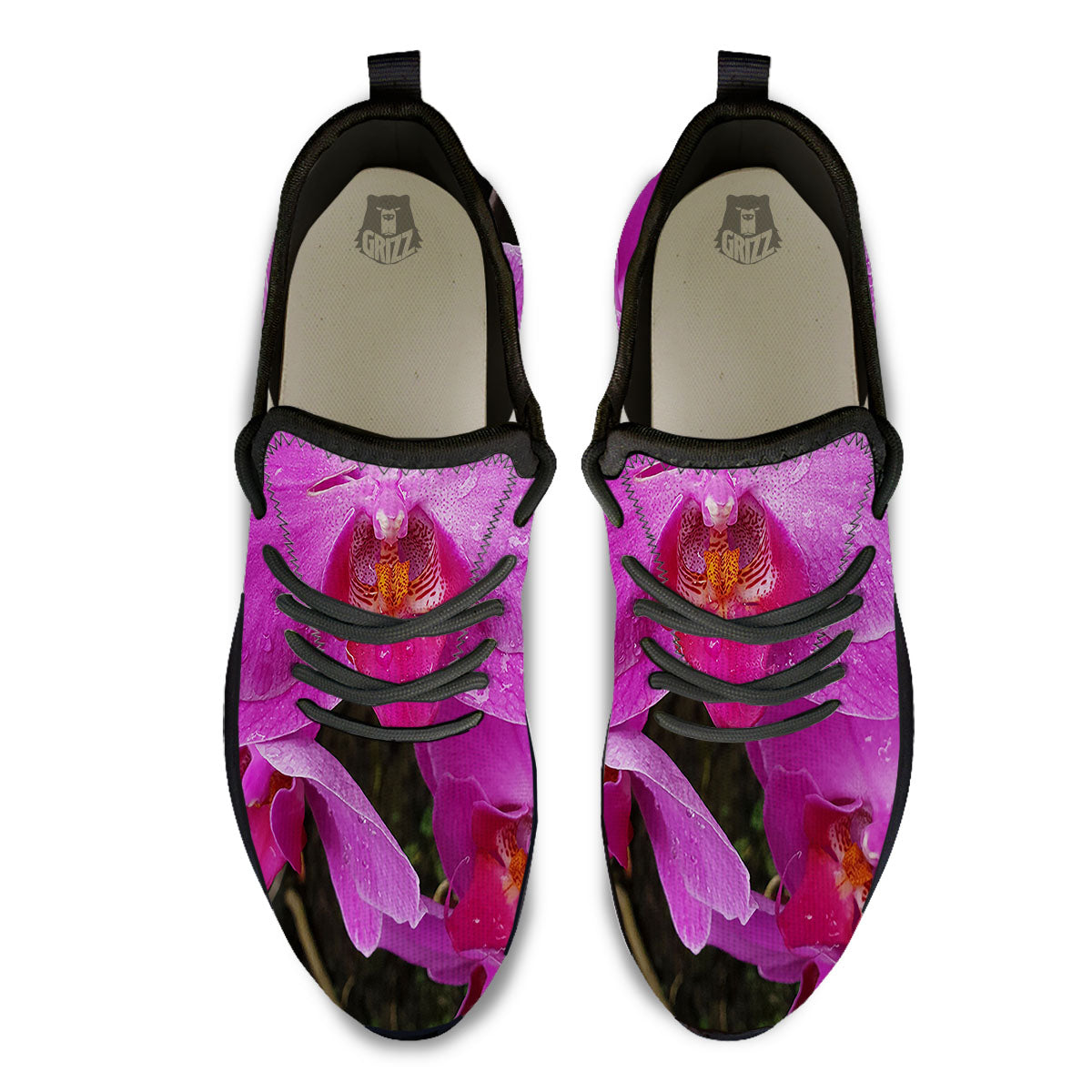 Orchid Flower Magenta Print Black Athletic Shoes-grizzshop