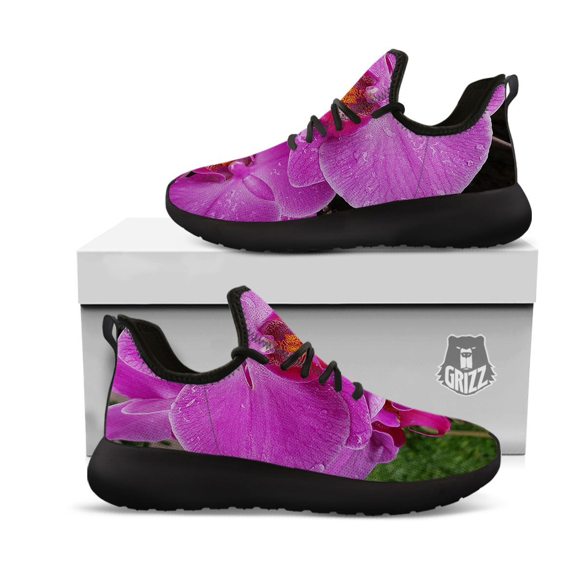 Orchid Flower Magenta Print Black Athletic Shoes-grizzshop